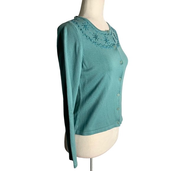 Norton McNaughton Beaded Cardigan Sweater S Blue Green Button Up Long Sleeve - Picture 5 of 6